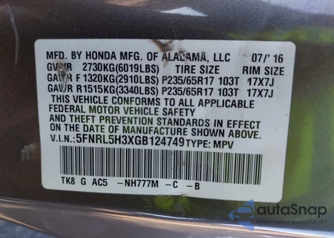 2016 Honda Odyssey Se z USA, uszkodzony, nr VIN 5FNRL5H3XGB124749